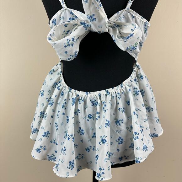 Shein Blue Floral Tie Back Babydoll Milkmaid Cottagecore Coquette Cami Top SizeM - Picture 6 of 9